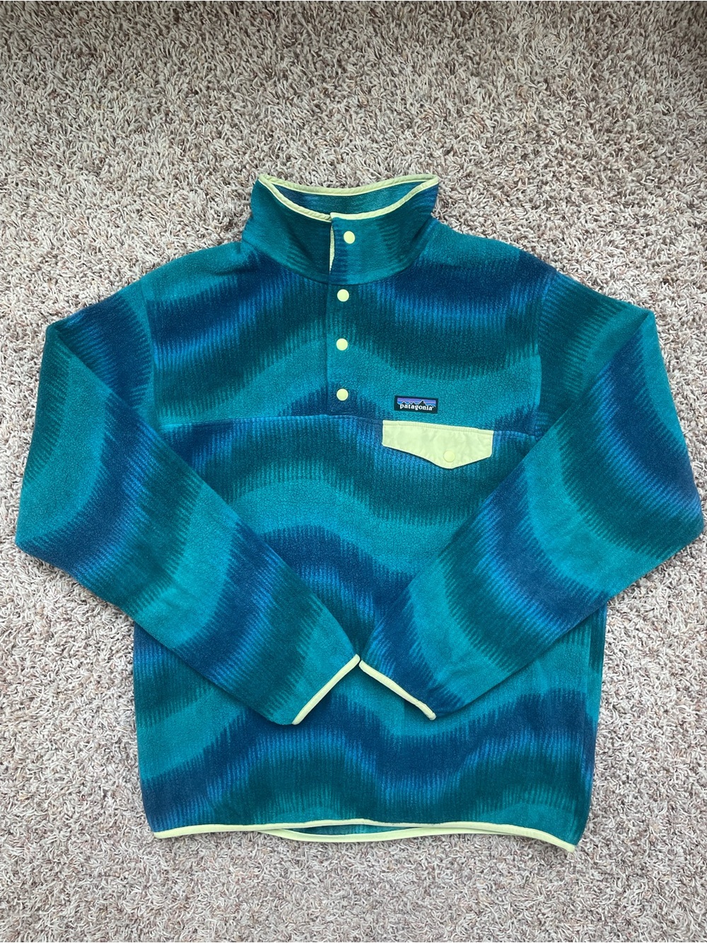 Patagonia Synchilla Teal Navy Wave-Stripe Fleece Pullover Lime Trim Women’s L